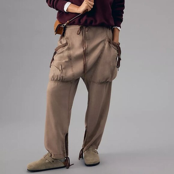 NWT By Anthropologie Mixed Draped Brown Modal Relaxed Parachute Pants Sz. XS